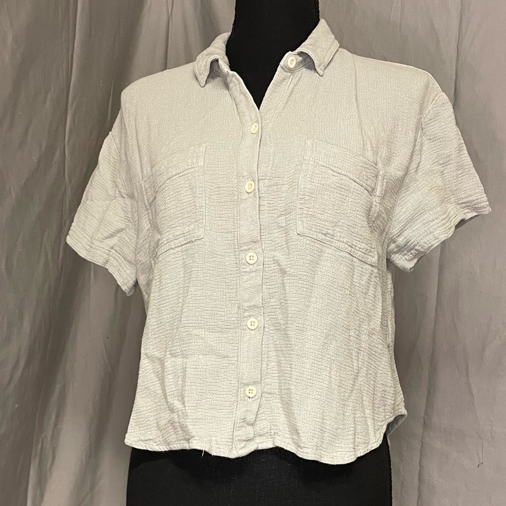 Madewell Light Sage Green Textured Cropped Button-Down Linen Cotton Blend Shirt